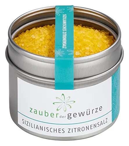 Zauber der Gewürze Zitronensalz, Gourmetsalz mit Zitronen aus Sizilien, frucht-frisch und aromatisch, ohne Geschmacksverstärker, Top-Qualität in wiederverschließbarer Aroma-Dose, 120 g