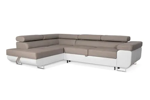 SOFILAND Ecksofa Aller L-Form mit Schlaffunktion und Bettkastenin in Beige, Weiß Kunstleder, Linke Ottomane
