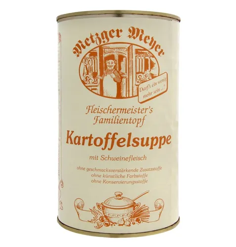Metzger Meyer Kartoffelsuppe 1200ml - Deftiger Lausitzer Eintopf - Fertiggericht mit viel Kartoffeln, Karotten und geräuchertem Schweinefleisch. Traditionell zubereitet seit 1880, ohne Geschmacksverstärker oder künstliche Farbstoffe, ideal für eine vollwertige Mahlzeit.
