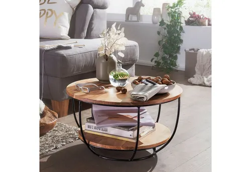 FineBuy Couchtisch 60 cm - Industrial Stil - Stylischer Couchtisch im Industrial-Stil mit runder Tischplatte und zusätzlicher Ablagefläche. Fester Stand dank massivem Metallgestell, ideal für modernes Wohnen.