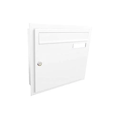 A-01 Unterputz Briefkasten in Verkehrsweiß mit Namensschild - Wetterfester Wandbriefkasten aus pulverbeschichtetem Stahl, mit Gummilippe für geräuschlosen Einwurf und Entnahmeschutz gegen Postdiebstahl.