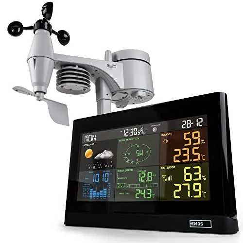EMOS Wetterstation mit Windmesser und Regenmesser- System mit Farbdisplay, zur Wettervorhersage, für drinnen & draußen, Datum, Temperatur, Luftfeuchtigkeit, Luftdruck