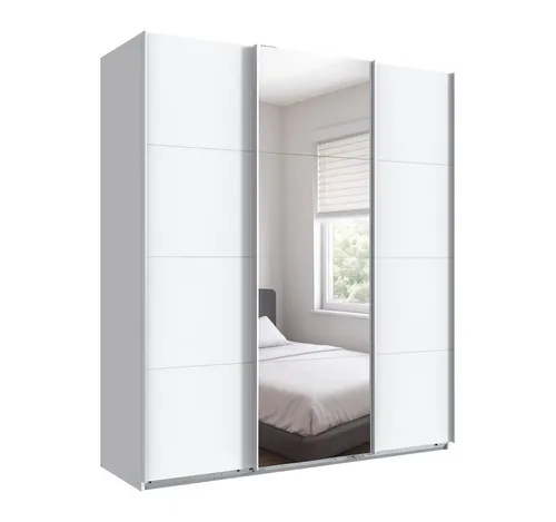 luma-home Schwebetürenschrank 22511 (mit einer Kleiderstange, 4 Einlegeböden, 2 Stoffboxen, B180/H208/T64 cm) in Weiß, eine Tür mit Spiegel, weiße Metallgriffleisten