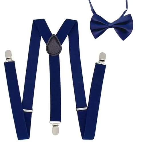 AONAT Hosenträger für Herren, 2,5 cm Breit, Verstellbare Y-Form mit Starken Metallclips, Inklusive Fliege, Ideal für Outdoor, Hochzeit Alltag (Dunkelblau)