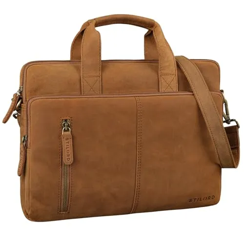 STILORD 'Raihn' Leder Umhängetasche Herren 13.3-14 Zoll Laptop-Tasche für Arbeit Reisen Business Tasche Schmal Laptophülle aus Echtleder, Farbe:tan - dunkelbraun