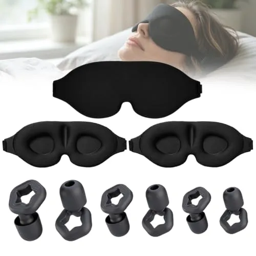 JININOSEU 2 Stück Augenmaske Schlafmaske für Herren und Frauen, 3D Lichtblockierend Sleeping Mask Bequem Atmungsaktive Druckfrei mit Verstellbar Gummiband für Reisen，3 Paar Ohrstöpseln (Schwarz)