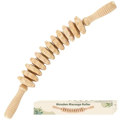Bounabay Massageroller Holz, Bauchmassagegerät Massageroller Roller MassagegeräT Mit Griff, Geeignet FüR Nacken,Beine,RüCken,KöRper