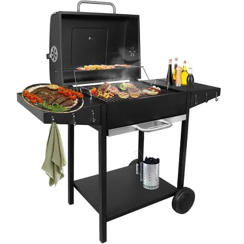 SunJas Holzkohlegrill CA-6146 Grillwagen - Holzkohlegrill mit großer Grillfläche von 42 x 50 cm, ideal für 8-12 Personen. Ausgestattet mit Deckelthermometer und herausnehmbarer Ascheplatte für einfache Reinigung und optimale Temperaturkontrolle.