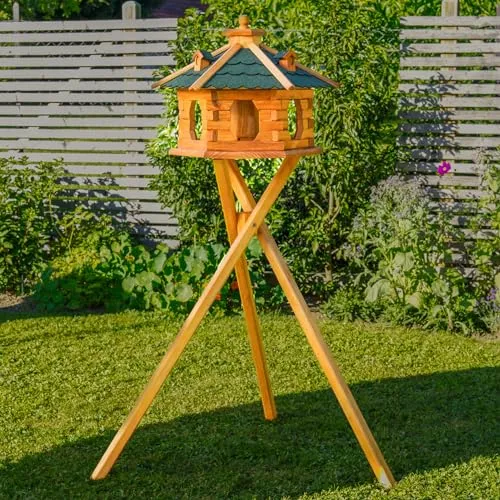 Deko-Shop-Hannusch, Vogelhaus wahlweise mit Ständer und Solarbeleuchtung, Verschiedene Größen L - XXL und Dachfarben möglich, Futterhaus mit Futtersilo und wetterfestem Bitumendach, Holz, V16