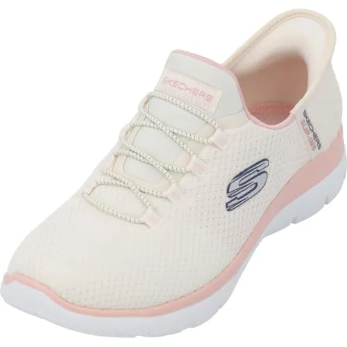 Skechers Slip-Ins Damen Sneaker Natur/Pink EU 39 - Damen-Sneaker mit weichem Mesh-Obermaterial und Stretch-Schnürsenkeln. Ideal für sportliche Aktivitäten dank leichter, flexibler Zwischensohle und gepolsterter Memory-Schaum Einlegesohle.