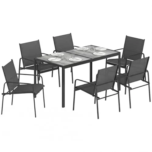 Outsunny Gartenmöbel Set 150 x 80 cm mit 6 Stühlen in Holzoptik - Elegantes 7-teiliges Essgruppe für Garten, Balkon oder Terrasse. Wetterfest und pflegeleicht, sorgt für unbeschwerte Stunden im Freien. Atmungsaktive Stühle bieten Komfort bei jedem Wetter.
