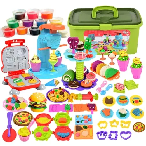 UCAMP 65 Stück Modelliermasse für Kinder, Zubehör zum Erstellen von Hamburgern und Pizza, kreatives Modelliermassen-Zubehör mit 12 Töpfen Modelliermasse, Geschenk für Kinder, ab 2 Jahren