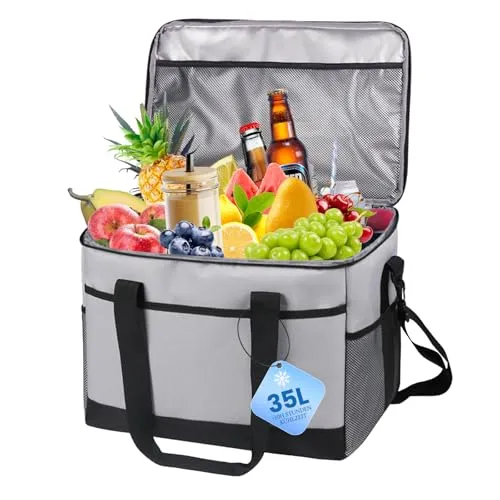 L.StarryIsland 35L Gross Outdoor Kühltasche Faltbar, 60 Can Kühltasche Thermotasche Isoliertasche für Getränke & Getränke für Ausflüge, Picknicks, Camping, Wandern, Strände, Reisen Einkaufen (Grau)