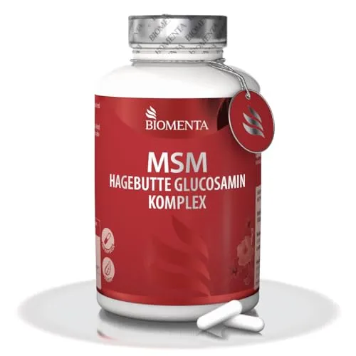 BIOMENTA MSM + Hagebutte + Glucosamin – 180 allergenfreie organische Schwefel Kapseln hochdosiert -1.200mg Methylsulfonylmethan + 794mg Glucosagreen + 300mg Rosa Canina/Tag - Premiumqualität