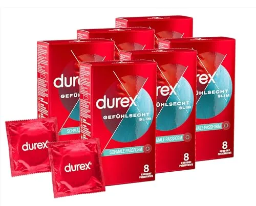 Durex Gefühlsecht Slim Kondome – Dünne Kondome mit schmaler Passform & mit Silikongleitgel befeuchtet – 48er Pack (6 x 8 Stück)