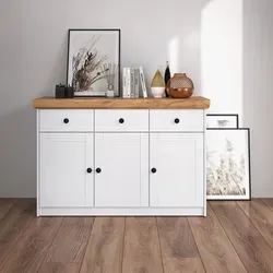 Homestyle4u 2227 Kommode Sideboard - Skandinavisches Design aus massivem Holz mit 3 Schubladen und 6 Fächern für optimalen Stauraum. Matt weiß mit Eiche Kraft Gold Oberplatte, ideal für stilvolle Wohnräume.