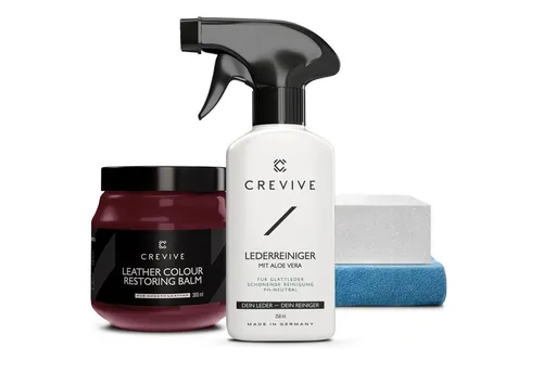 CREVIVE Lederpflegeset (SPARSET 4-teilig, Lederreparatur, sehr ergiebig), 300 ml Lederbalsam + 250 ml Lederreiniger mit Aloe Vera, Lederpflege