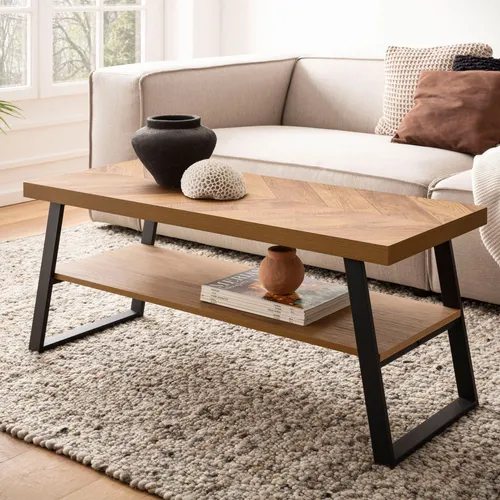 FINEBUY Couchtisch FB104749 – Stilvoller Fischgrät-Muster Tisch mit Ablage - Moderne Couchtische mit praktischer Ablagefläche für Ordnung im Wohnzimmer, robustes Metallgestell und pflegeleichte Oberfläche für den perfekten Alltag.