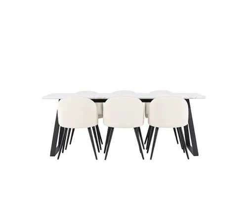 ebuy24 Essgruppe Malaga 7-tlg. - Eleganter Esstisch 90x200cm in Weiß mit 6 Samtbeige Stühlen - Essgruppen-Set mit 200 cm langem Esstisch in Weiß und 6 stilvollen Samtbeige-Stühlen. Hochwertige Marmoroptik und modernes Design für Ihr Zuhause.