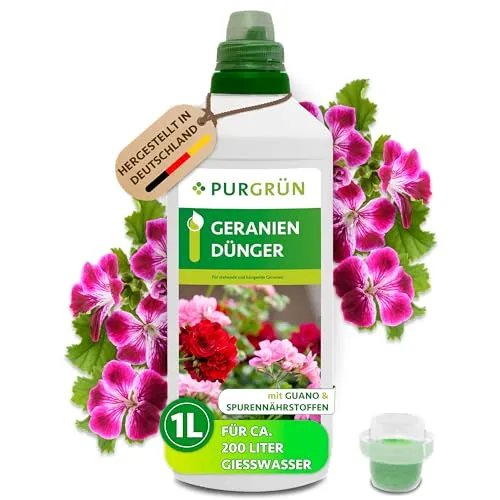 Purgrün Geraniendünger NPK 8+8+6, 1L - Blumendünger mit Guano und Aqua Plus für üppige Blüten und optimale Wasseraufnahme. Ideal für Geranien und andere Blühpflanzen.