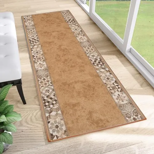TAPISO Anti Rutsch Teppich Läufer Hellbraun Grau Beige rutschfest Marokkanisch Mosaik Muster Flur Küche Wohnzimmer Korridor ÖKO-TEX 100 x 100 cm