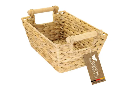 HMF Aufbewahrungskorb Aufbewahrungskorb mit Holzgriffen, Korb geflochten aus Wasserhyazinthe, Badezimmerkorb, lang und eckig, 30 x 20 x 12 cm