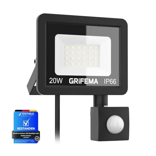 GRIFEMA 20 W LED Strahler mit Bewegungsmelder, 2200 lm, IP66 | 6500 K Kaltweiß, 180 Grad verstellbare Halterung, für Garten, Garage und Hof, ohne Stecker