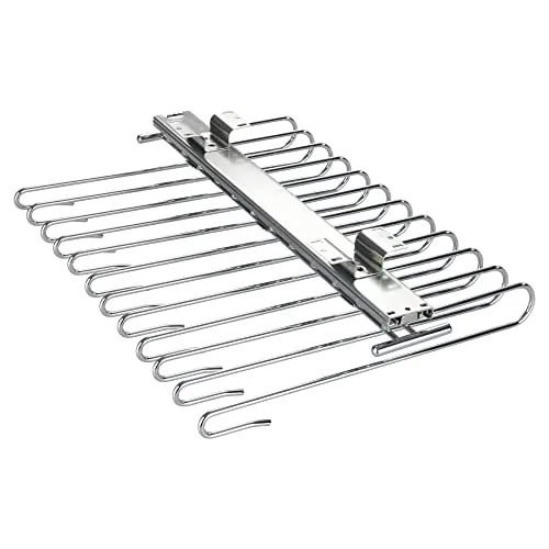 Ausziehbarer Hosenbügel für 12 Hosen mit Fixierungshaken - Praktischer Kleiderbügel aus verchromtem Metall, ideal zur platzsparenden Aufbewahrung von bis zu 12 Hosen. Mit Fixierungshaken für knitterfreie Aufhängung und einfacher Montage.