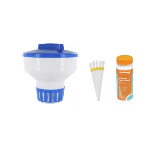 Steinbach Quicktest Streifen Kit inkl. Dosierschwimmer Maxi - Dosierschwimmer für kristallklares Poolwasser, mit präziser Dosierfunktion und verstellbarer Öffnung für optimale Pflege. Geeignet für Tabletten bis 200g.