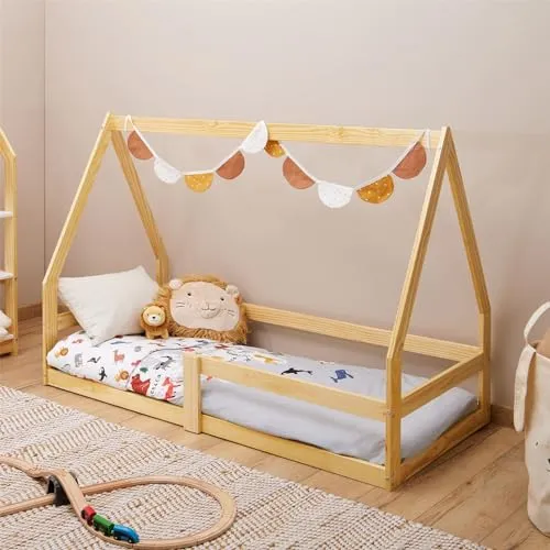IDIMEX Hausbett LUSIA Kinderbett in Hausform, 80 x 160 cm - Betten: Hochwertiges Kiefernholz, mit Rausfallschutz und Montessori-Design für sicheres Schlafen und Spielen, ideal für mehr Selbstständigkeit und Kreativität.