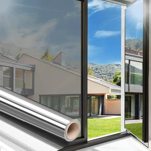 Arthome Fensterfolie 44,5x200cm Sonnenschutz Spiegelfolie Fenster Sichtschutz Tönungsfolie für Anti-UV Fenster Hitzeschutz Spiegelfolie Selbstklebend Glasfolie für Zuhause und Büro, Silber