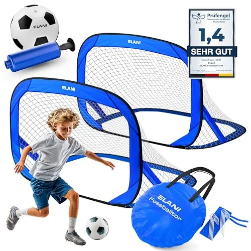 ELANI Fußballtor Kinder Pop-Up 2er Set - faltbar mit Ball & Pumpe, 50% Kleiner + Easy Aufbau, mini Fussballtor klein, Goal, Fussballtore für Garten Kinder, Fußballtore, Fussball Tor, Fußbal (Blau)