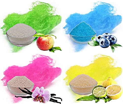 4x 100g Aromazucker Set mit Geschmack Apfel Heidelbeere Vanille Zitrone farbiger Zucker für Zuckerwatte