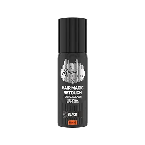 THE SHAVE FACTORY Magic Retouch Spray – Schwarz 100ml – Sofortige Ansatzkaschierung bei Grauen Haaren und Nachwuchs – Natürlich Aussehende Schwarze Farbe – Kein Rückstand, Langanhaltend