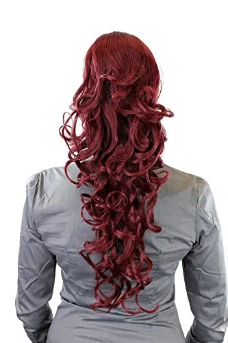 WIG ME UP - Haarteil/Zopf/Pferdeschwanz voluminös lockig sehr lang 60 cm + neues Tragesystem: Mini-Butterfly-Klammer, Steckkämme & Gummizug Aubergine-Rot WK08-39