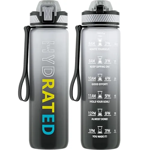 QLUR Trinkflasche, 1L BPA-Frei Tritan Wasserflasche mit Strohhalm, Trinkflasche Sport Auslaufsicher mit Zeitmarkierung und Bürste, Sportflasche für Fitness, Yoga, Gray Gradient (1 Flasche)