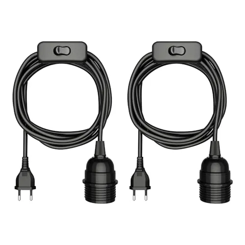ledscom.de 2 Stück Kabel LEKA, Stecker, Schalter, schwarz, 3 m, Lampen-Fassung, 1x E27 max. 60W