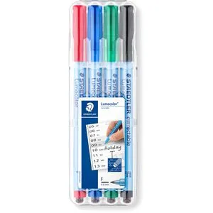 STAEDTLER Folienstifte 4er Set - farbsortiert, non-permanent, wasserlöslich mit integriertem Wischer für einfaches Entfernen