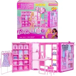 Barbie Dream Closet Spielzeug Spielset - Puppenset mit 25+ Teilen, 91 cm breitem Kleiderschrank und 4 kompletten Outfits für kreativen Modespaß und einfache Aufbewahrung.