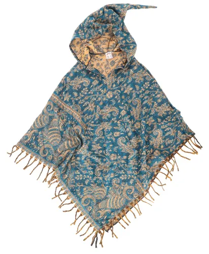 Ethno Hippie Poncho mit langer Zipfelkapuze - petrol - Stylischer Ethno Poncho für Frauen, gefertigt aus 100 % Polyacryl. Mit bequemer Kapuze und lässiger Passform ideal für jede Jahreszeit. Fair gehandelt in Indien.