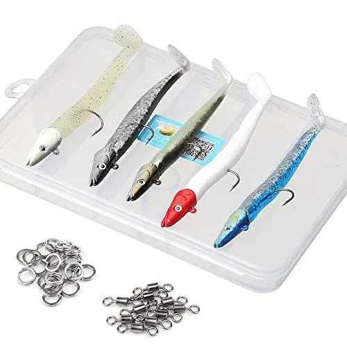 DONQL Weiche Angelköder mit Bleikopf Jigs Haken, Sidewinder Sandaal Rhabarber Custard Meer Angelköder mit Box (5 Stück) (9,5 cm/9,9 g 5 Stück)