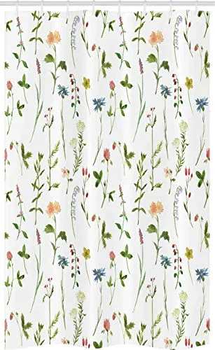 Produktbild ABAKUHAUS Blumen Schmaler Duschvorhang, Herb Flowers Aquarelle, Badezimmer Deko Set aus Stoff mit Haken, 120 x 180 cm, Grün Mehrfarbig