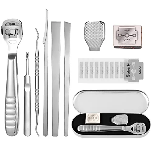 Bestomrogh 5 Fuß Schaber Hornhautentferner Professionelle Pediküre Fußfeile Nagelhautgabel Set mit Etui Pediküre Pflege Fußfeile 10 Ersatzklingen