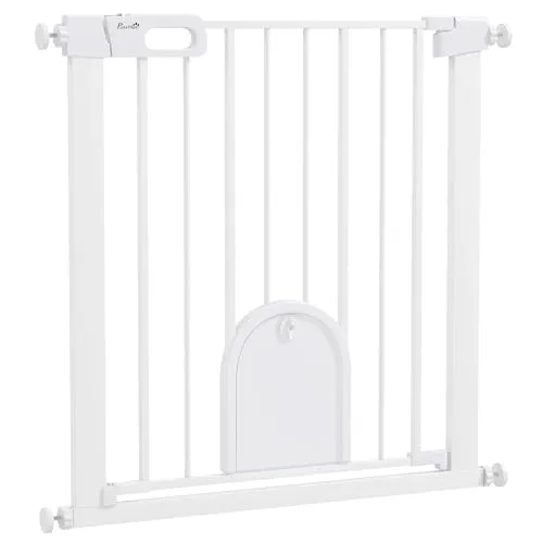 PawHut Türschutzgitter Treppenschutzgitter Hunde Absperrgitter Schutzgitter für Haustier Hundegitter Klemmbefestigung Stahl Weiß 75-82 x 76 cm
