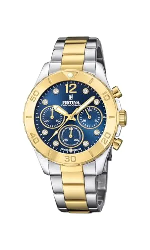 Festina Chronograph F20604/3 - Elegante Damen Uhr - Armbanduhren für Damen: Silber-goldfarbener Chronograph mit 39 mm Edelstahlgehäuse, 10 bar wasserdicht, ideal zum Schwimmen und Schnorcheln.