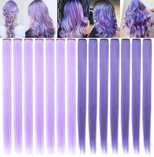 IAMERUI Multi-Farben Partei Highlights gerade Haare bunte Clip in synthetische Haarverlängerungen in mehreren Farben hitzebeständig lange Haarteil (Lavendel Licht lila)