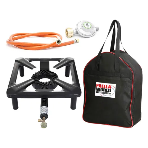 Paella World International Gasgrill Hockerkocher (klein) - 30 x 30 x 14 cm, inkl. Gasschlauch, Regler und Transporttasche für flexibles Kochen beim Camping