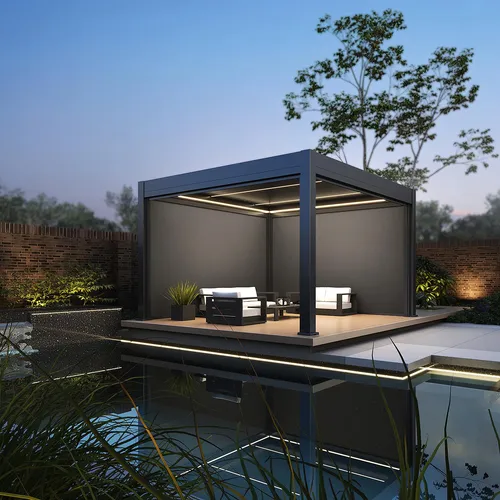 Weide Prestige Pergola 3,6 x 4 M - Aluminium Lamellendach mit LED und Sonnenrollos - Pavillon mit elektrischem Lamellendach und LED-Beleuchtung. Wetterfest und umweltfreundlich, ideal für entspannte Abende im Freien.