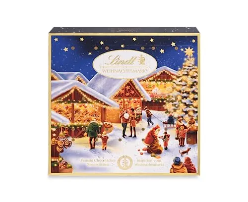 Lindt Weihnachtsmarkt Mini Tisch ADVENTSKALENDER - Adventskalender mit 24 Türchen, gefüllt mit köstlicher Schokolade. Ideal für die festliche Vorweihnachtszeit und ein perfektes Geschenk für Schokoladenliebhaber.
