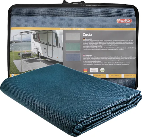 Primaflor Vorzeltteppich COSTA Blau 250x300cm - Wasserabweisender Vorzeltboden - Strapazierfähige Weichschaum Matte, ideal als Camping Bodenmatte und Zeltunterlage